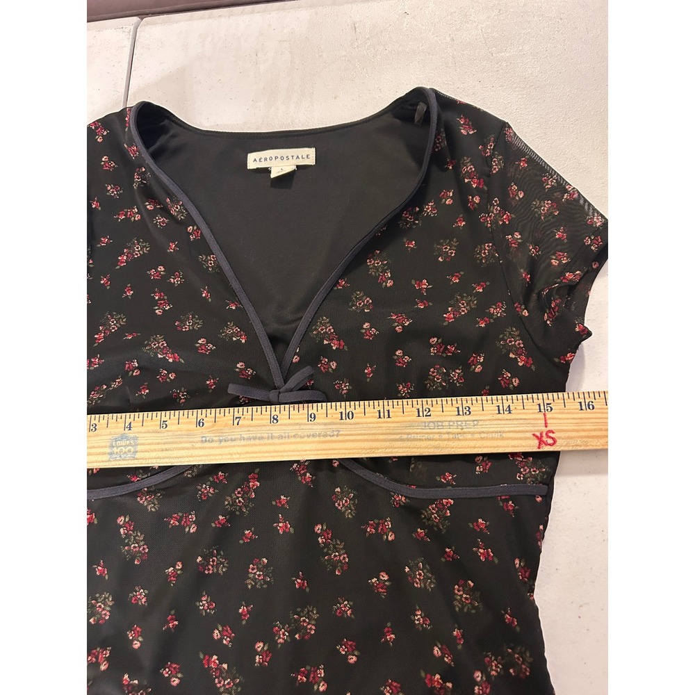Aeropostale Black Floral Mesh V-Neck Bow Short Sleeve Top SMALL - Picture 5 of 7